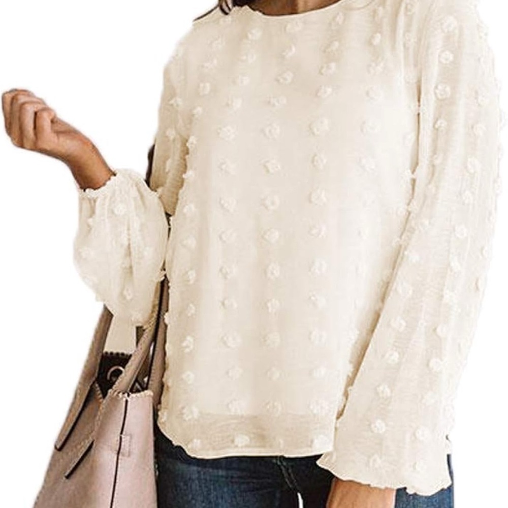 Women’s Cream Textured Dot Long-Sleeve Blouse